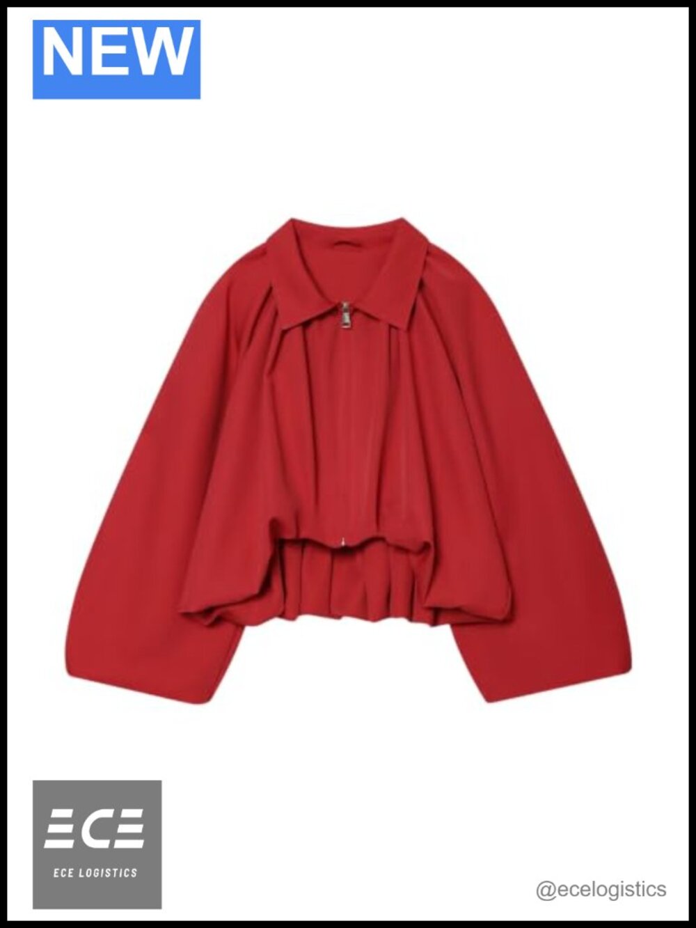 Puffed Sleeve Bomber Jacket Zip Up Cropped Loose Fit Pleated Shirt
